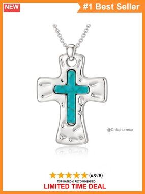 Turquoise Cross Necklace 14k White Gold Plated Copper Pendant Bohemian
